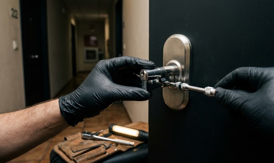 Especialista Cerrajero instalando cerradura anti-bumping de alta seguridad en la puerta de un piso en Salt, Girona